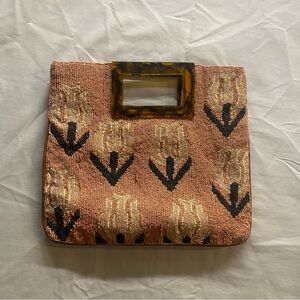 NWOT Anthropologie Coral / Pink Beaded Clutch/ Mini HandBag With Tortoise Handle